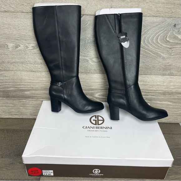 Giani Bernini Adonnys Leather Zipper Memory-Foam Wide-Calf  Black Riding Boots - Picture 10 of 15